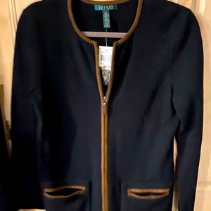 Women’s Long Black, Suede Trimmed, 3/4 length Zipper Sweater, size M